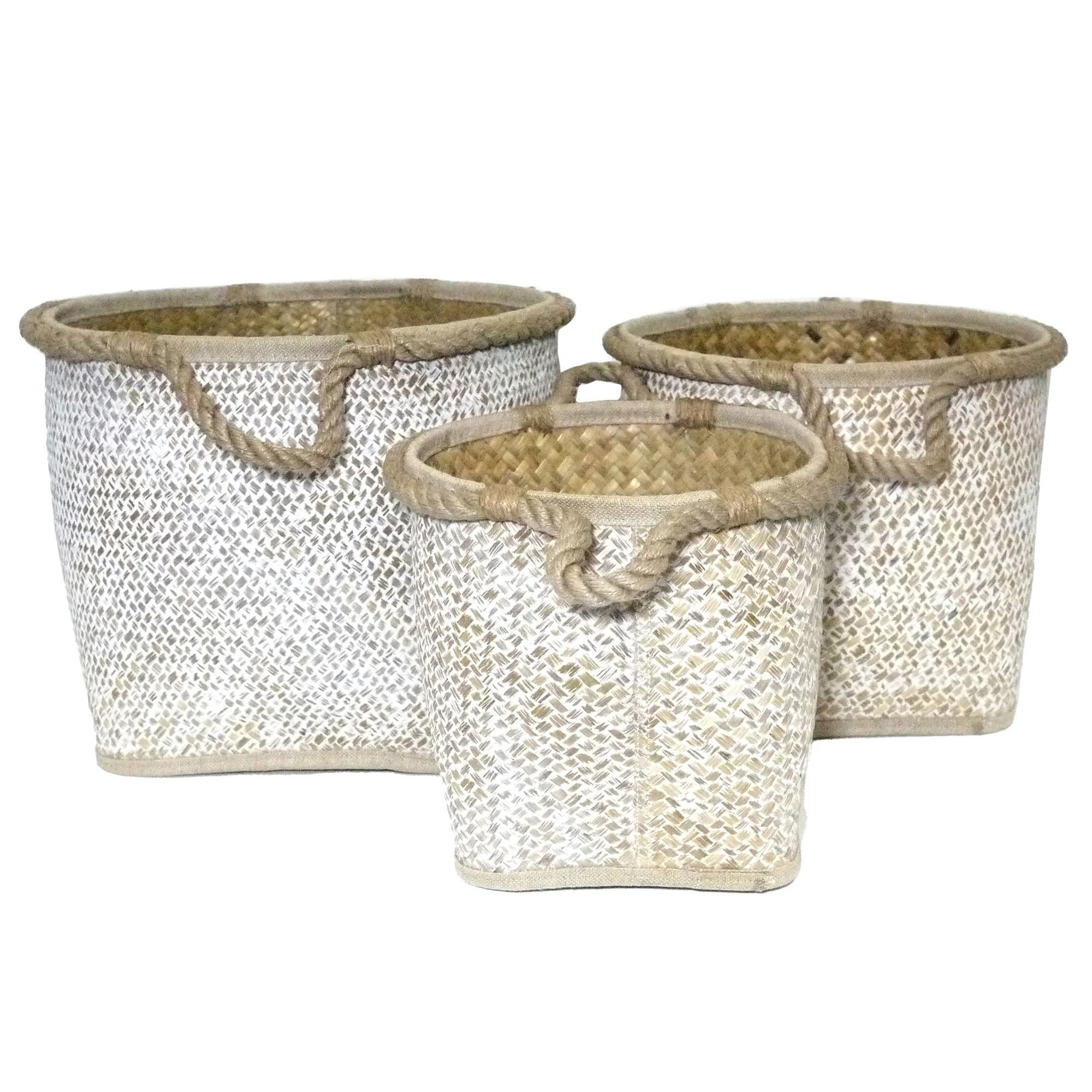 3 Piece Whitewashed Palm Leaves Basket Set